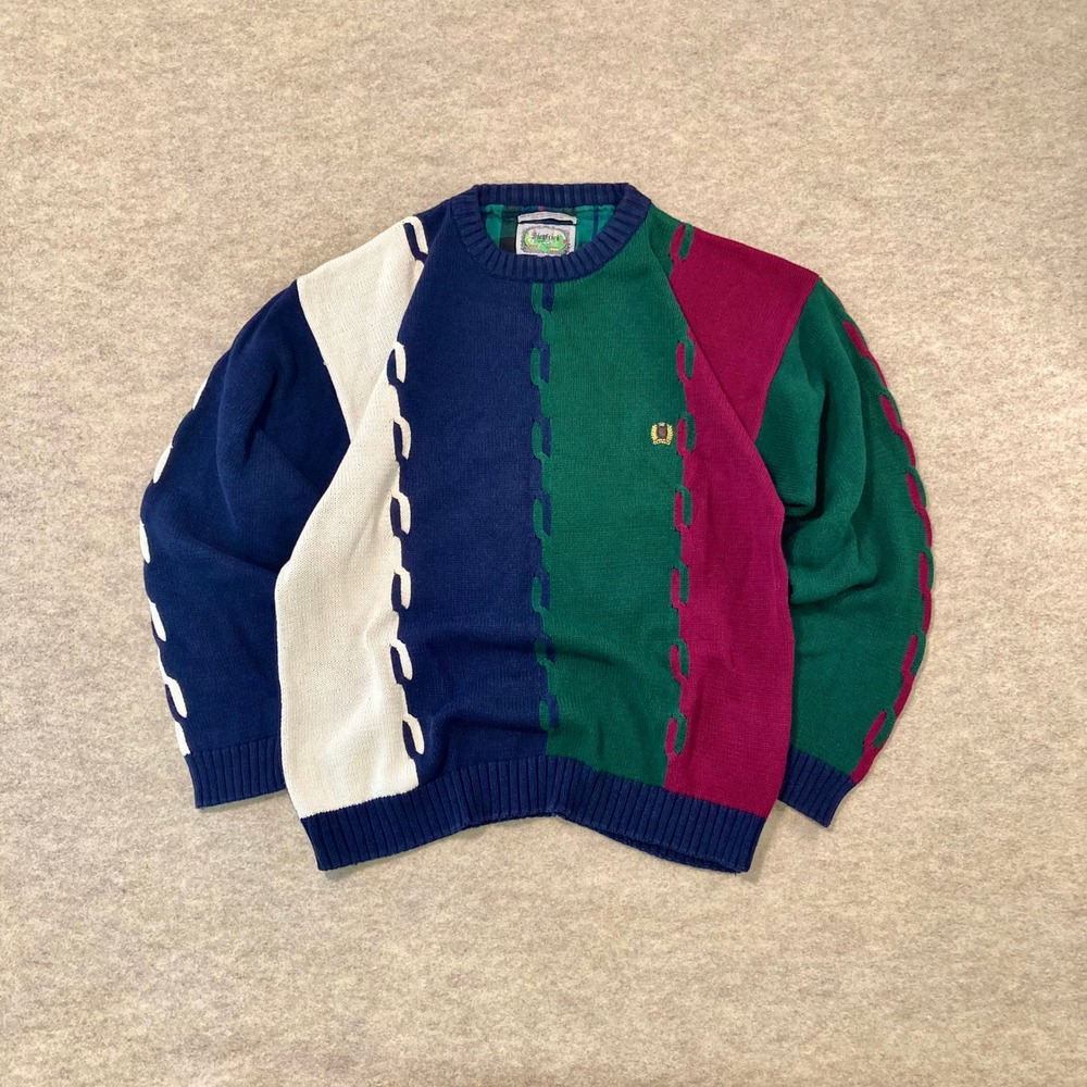 VTG 90s Grandpacore Colorblock Chain Knit Crewneck Sweater Siegfried L Preppy